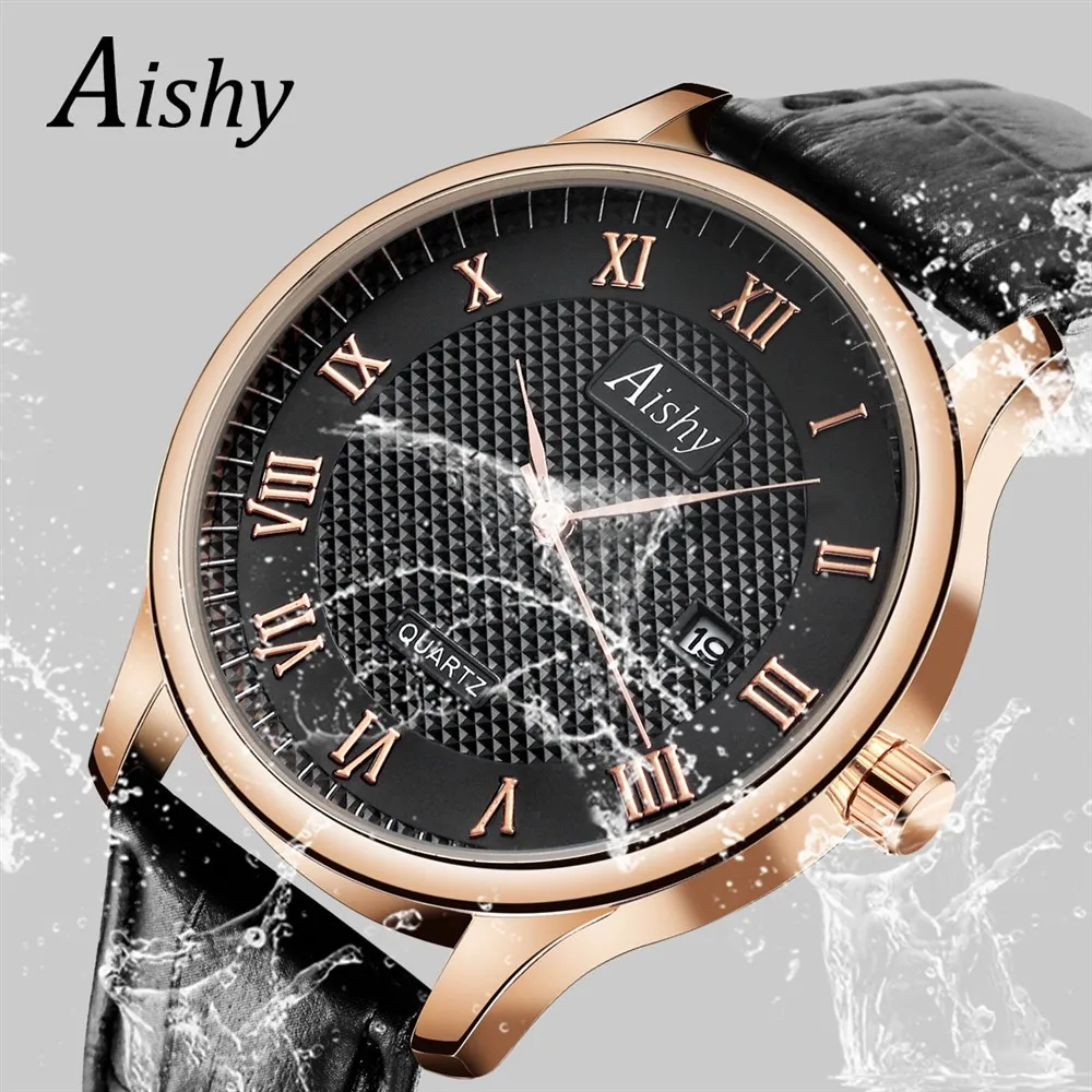 

Man date watch genuine leather classical quartz wristwatch men Aishy reloj hombre